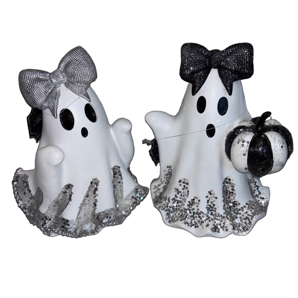 Bella Lux Lot of 2 Sequined Girl Ghost Halloween Decor Bow & Pumpkin